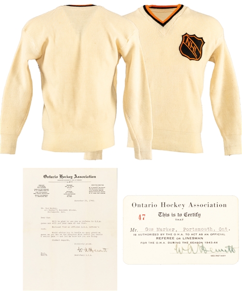 Gus Markers Vintage Referee Wool Jersey Plus Deceased HOFer William A. Hewitt 1943 Signed Letter and OHA Referee Pass Sent to Gus Marker