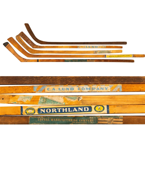 Vintage One and Two-Piece Hockey Stick Collection of 5 Including Northland, Lund, Lovell and Hilborn Sticks with Paper Labels
