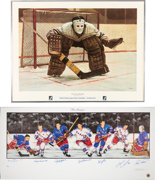 Jean Ratelles 1972 "At The Crease" Ken Dandy Framed Lithograph (22” x 29”) Plus NY Rangers Multi-Signed Lithograph (18” x 39”) with His Signed LOA 