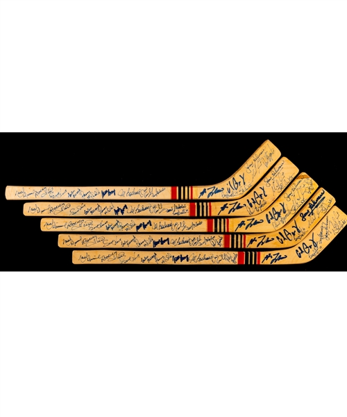 500-Goal Scorers Signed Mini Hockey Stick Collection of 5 (Each Signed by 16 Players) Including Howe, Richard, Mikita and Beliveau from Bryan Trottiers Personal Collection with His Signed LOA