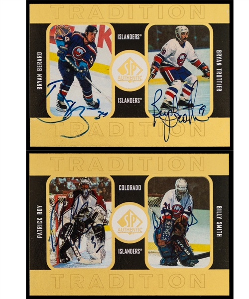 1997-98 SP Authentic Tradition Dual-Signed Sample Hockey Cards #T2 Patrick Roy / Billy Smith and #T4 Bryan Trottier / Bryan Berard from Bryan Trottiers Personal Collection with His Signed LOA