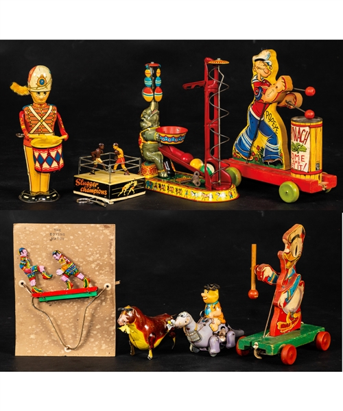 Vintage 1930s to 1950s Collection of 17 Vintage Wind-Up Tin Toys, Pull Toys and Games Including Toys by J. Chein, Marx, Fisher-Price and Others