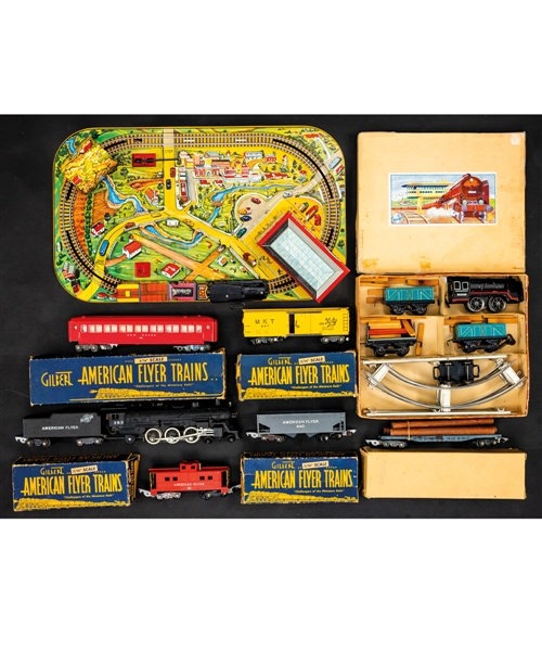 1940s/1950s Toy Train Collection Including 1950s American Flyer Set with #282 Engine, Late-1940s Distler Wind-up Tin Train in Original Box and 1950s Marx Scenic Express Tin Train Set