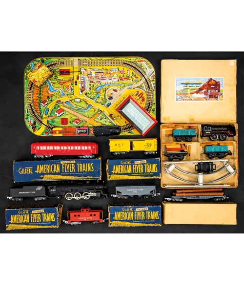 1940s/1950s Toy Train Collection Including 1950s American Flyer Set with #282 Engine, Late-1940s Distler Wind-up Tin Train in Original Box and 1950s Marx Scenic Express Tin Train Set