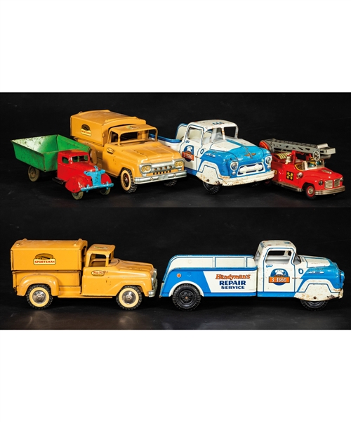 Vintage 1940s to 1960s Pressed Steel and Tin Toy Collection of 13 Including Toys by Wyandotte, Tonka, Structo and Others