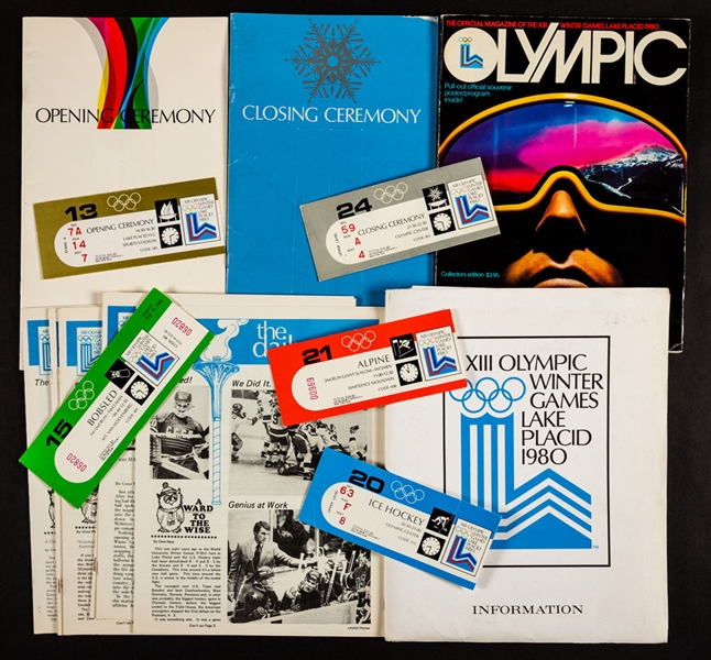 Lake Placid 1980 Winter Olympics Memorabilia Collection with Programs, Tickets, Daily Torch Newspaper Issues, Information Kits and Other Items - Some Hockey Pieces