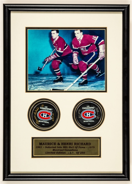 Maurice and Henri Richard Montreal Canadiens Single-Signed Puck Framed Limited-Edition Display with COA (15 ½” x 21 ½”)