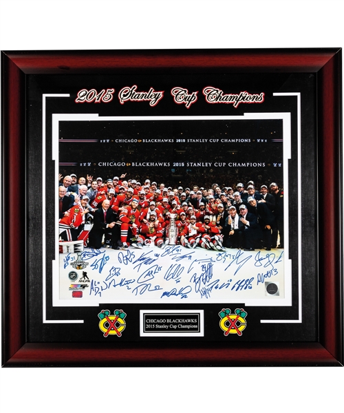 Chicago Blackhawks 2014-15 Stanley Cup Champions Team-Signed Framed Photo Display with COA - Signed by 23 Including Keith, Seabrook, Hossa, Crawford, Sharp and Others (27 ½” x 29 ½")