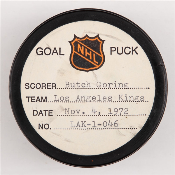 Butch Gorings Los Angeles Kings November 4th 1972 Goal Puck from the NHL Goal Puck Program - Season Goal #8 of 28 / Career Goal #44 of 375 - 1st Goal of Hat Trick