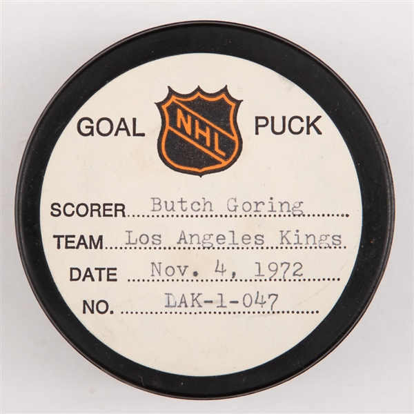 Butch Gorings Los Angeles Kings November 4th 1972 Goal Puck from the NHL Goal Puck Program - Season Goal #9 of 28 / Career Goal #45 of 375 - 2nd Goal of Hat Trick