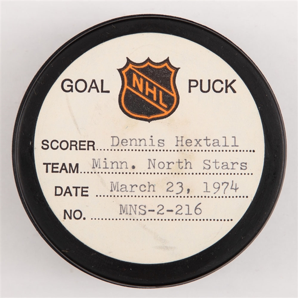 Dennis Hextalls Minnesota North Stars March 23rd 1974 Goal Puck from the NHL Goal Puck Program - Season Goal #20 of 20 / Career Goal #83 of 153