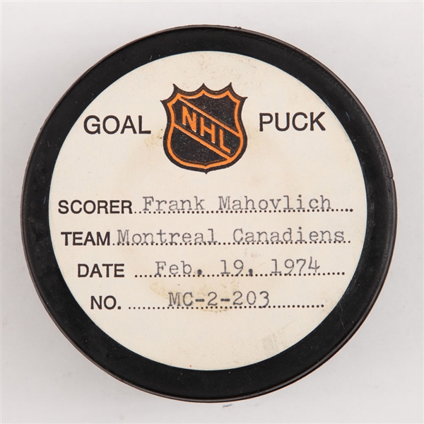 Frank Mahvolichs Montreal Canadiens February 19th 1974 Goal Puck from the NHL Goal Puck Program - Season Goal #20 of 31 / Career goal #522 of 533