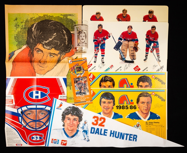 Mid-1980s Memorabilia Collection with Quebec Nordiques Glasses, Montreal Canadiens and Quebec Nordiques Placemats and Pennants and 1990s NHL Hockey Pins