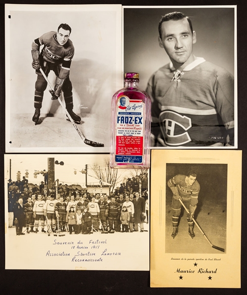 Vintage Montreal Canadiens Memorabilia Collection Including Jacques Plante David Bier Photos (2), Assorted Photos/Pictures (8), Dickie Moore Crests (2), 1954-55 "La Patrie" Pictures (16) and More