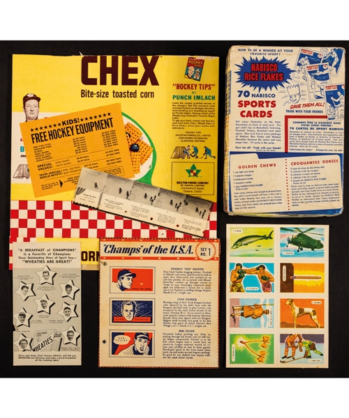 1940 "Champs" of the USA Box Panel #1 with Lynn Patrick, 1953-54 Nabisco Cereal Box with Sports Cards Offer, 1962-63 Chex Cereal Box with Imlach Booklet Offer Plus Assorted Other Cereal Premiums