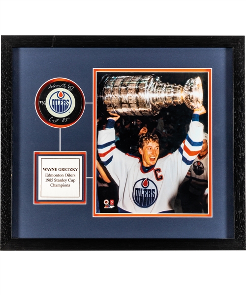 Wayne Gretzky Edmonton Oilers Signed Limited-Edition "1985 Stanley Cup Champion" Framed Display #99/199 with WGA COA (14 ½” x 16 ½”)