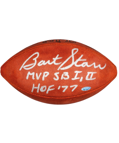 Bart Starr Green Bay Packers Signed Football with "MVP SB I, II" and "HOF "77" Annotations