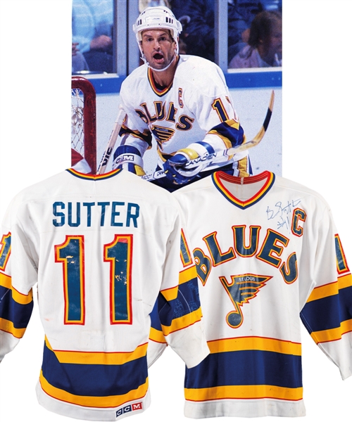 Brian Sutters Mid-1980s St. Louis Blues Signed Game-Worn Captains Jersey with LOA - Numerous Team Repairs!