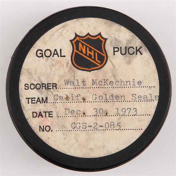 Walt McKechnies California Golden Seals December 30th 1973 Goal Puck from the NHL Goal Puck Program - Season Goal #11 of 23 / Career Goal #47 of 214