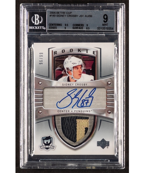 2005-06 Upper Deck "The Cup" Hockey Card #180 Sidney Crosby Autographed Rookie Patch RPA #96/99 Beckett-Graded Mint 9