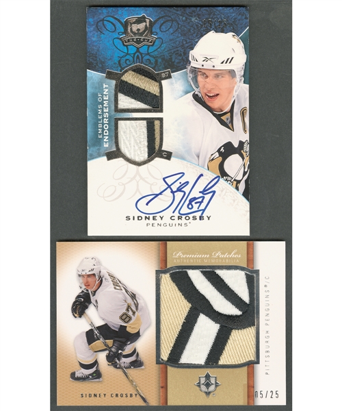 Sidney Crosby Hockey Cards (2) Including 2007-08 Ultimate Collection #PS-SC Premium Patches (05/25) and 2008-09 UD "The Cup" #EE-SC Emblems of Endorsement (15/15)