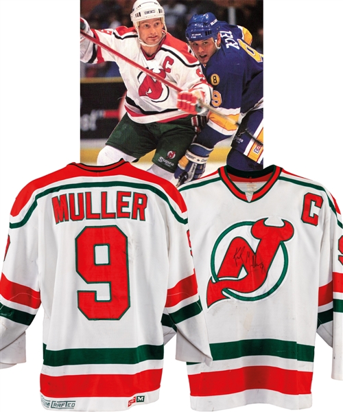 Kirk Mullers 1988-89 New Jersey Devils Signed Game-Worn Captains Jersey - Great Game Wear and Team Repairs! - Photo-Matched!