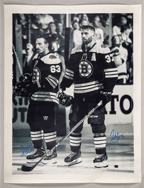 Patrice Bergeron and Brad Marchand Boston Bruins Dual-Signed Canvas (34” x 43 ½”) Plus Dual-Signed 16” x 20” Photo 
