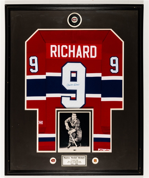 Maurice Richard Signed Montreal Canadiens Jersey Framed Display with Puck, Photo, Pins and Stats Plaque (34 ½” x 42 ½”)