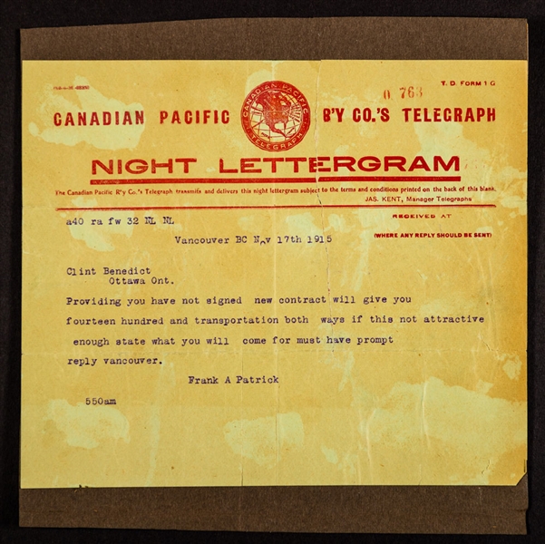 November 17th 1915 Telegram Sent by HOFer Frank Patrick to HOFer Clint Benedict Offering Contract to Play for the Vancouver Millionaires