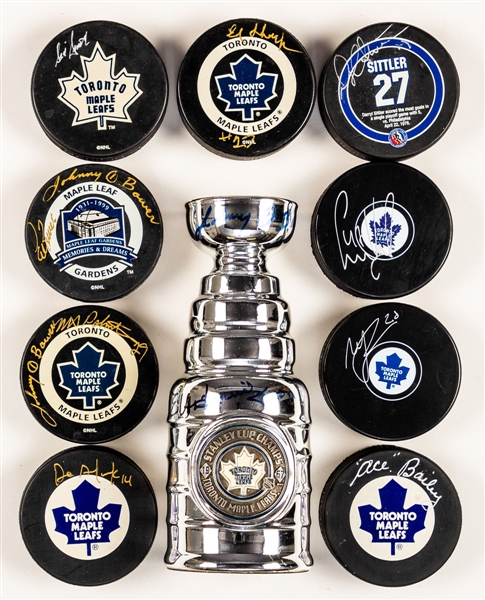 Toronto Maple Leafs Autograph Collection Including Signed Bee Hive Pictures (9 w/ Keon, Mahovlich), Signed Pucks (9 - w/ Ace Bailey), Signed Jerseys (4 W/ Potvin) and Other Assorted Signed Items