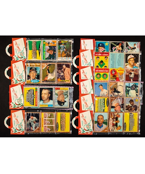 1960 to 1963 Topps Baseball Holiday Christmas Rack Packs (9) with Musial, Bunning, Spahn and Ruth Showing