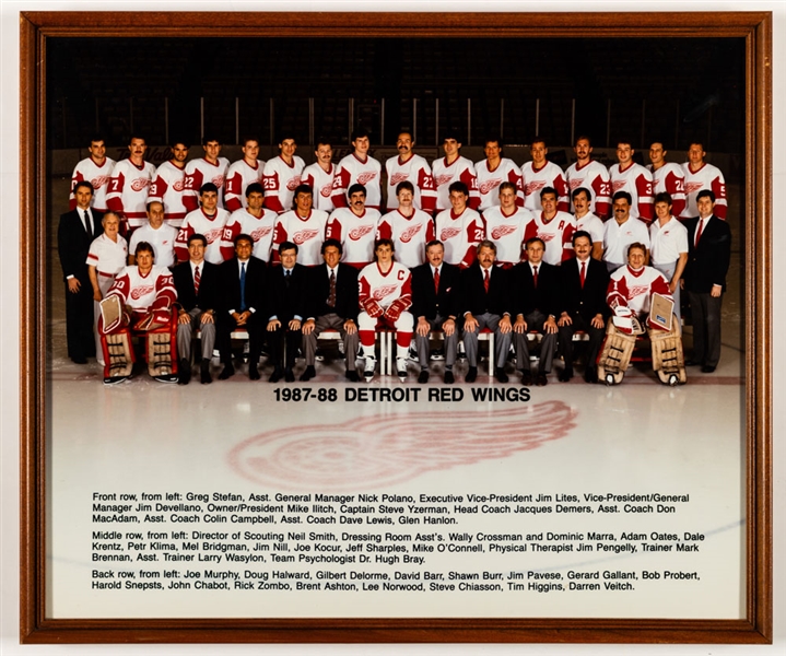 Jacques Demers Signed 1987-88 Detroit Red Wings Framed Team Photo and Signed Framed Original Artwork 