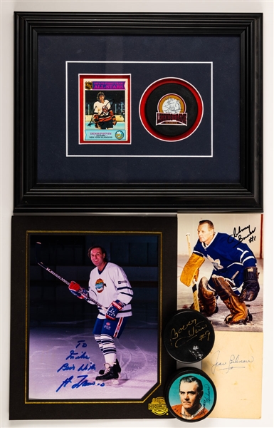 NHL Hockey Autograph Collection Including Maurice Richard Signed Photo and Puck, Bobby Hull Signed Jersey, Ken Dryden and Johnny Bower Dual-Signed Sweater and Other Assorted Items