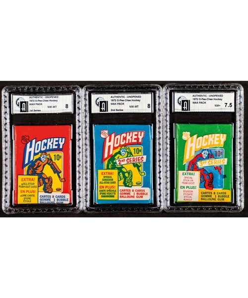 1972-73 O-Pee-Chee Hockey Unopened Wax Packs for 1st, 2nd and 3rd Series (3) - All GAI Certified