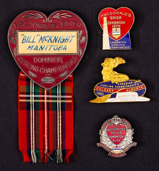 Bill McKnight 1938 MacDonalds Brier Participant Badge Plus MacDonalds Brier 1954, 1961 and 1973 Canadian Curling Championships Pins