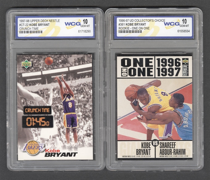 1996-97 UD Collectors Choice One On One #361 Kobe Bryant Rookie Card and 1997-98 UD Nestle #CT-22 Kobe Bryant - Both Graded WCG 10