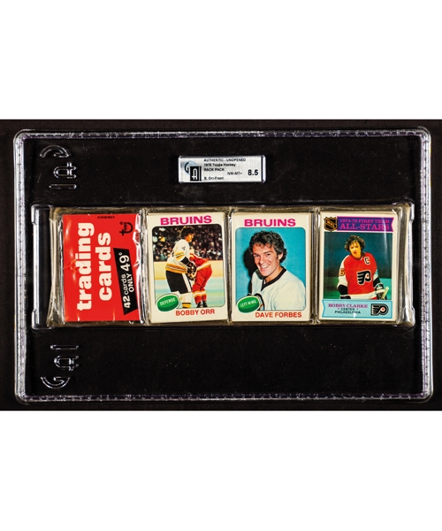 1975-76 Topps Hockey Unopened Rack Pack (42 Cards) - GAI Certified NM-MT+ 8.5 - Bobby Orr and Bobby Clarke on Top