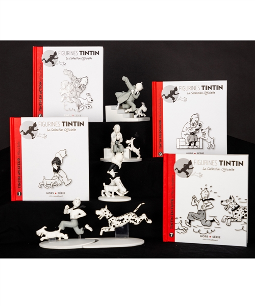 Comic Book Character Tintin Mid-2010s Hors Series Figurines and Books (9) from the “Official Collection Moulinsart” Plus Large Tintin, Captain Haddock and Others Display and Publications