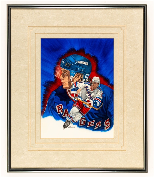 Darren Turcotte (New York Rangers) and David Volek (New York Islanders) Framed Original 1991-92 Upper Deck Hockey Cards Artworks by Steve Cusano (18 ½” x 22 ½”) 