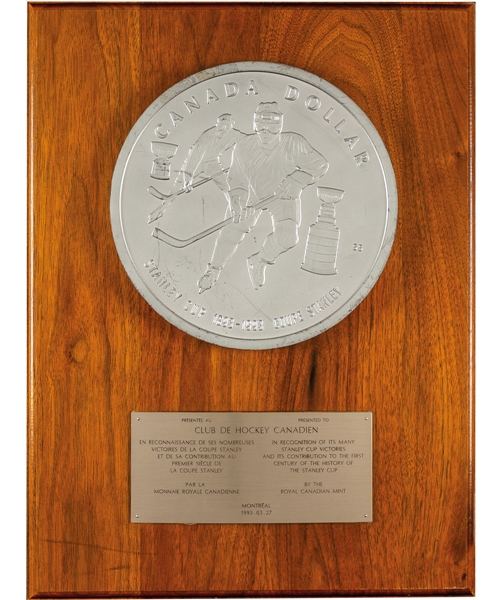Royal Canadian Mint 1993 Stanley Cup Centennial Dollar Presentational Display from the Montreal Canadiens Archives