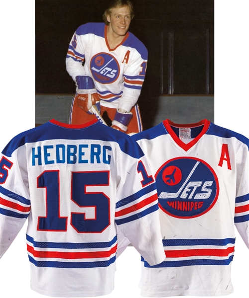 Anders Hedbergs 1976-77 Winnipeg Jets Game-Worn Alternate Captains Jersey with His Signed LOA - Team Repairs! - 70-Goal Season! - Photo-Matched!