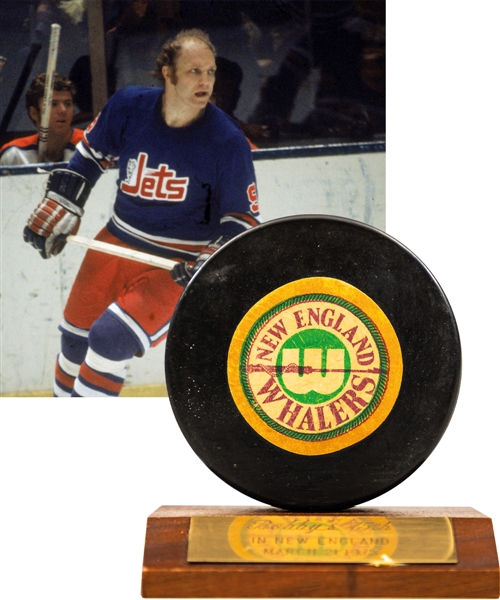 Bobby Hulls 1974-75 Winnipeg Jets "75th Goal of Season" Milestone Goal Puck from Anders Hedbergs Personal Collection with His Signed LOA 