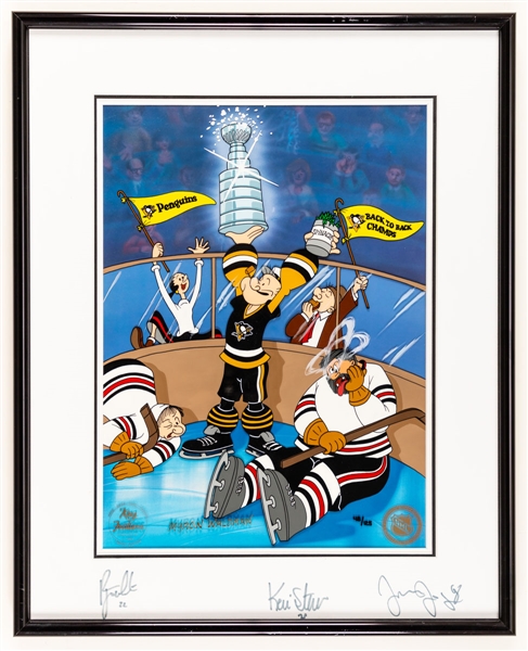 Pittsburgh Penguins "Back-to-Back Champs" King Features Hand-Painted Framed Limited-Edition Cel #48/125 Signed by Jaromir Jagr, Kevin Stevens and Rick Tocchet with COA (17 ¾” x 21 ¾”) 
