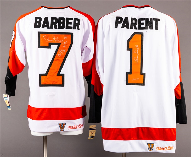 Bernie Parent and Bill Barber Signed Philadelphia Flyers Mitchell & Ness 1973-74 Vintage Jerseys