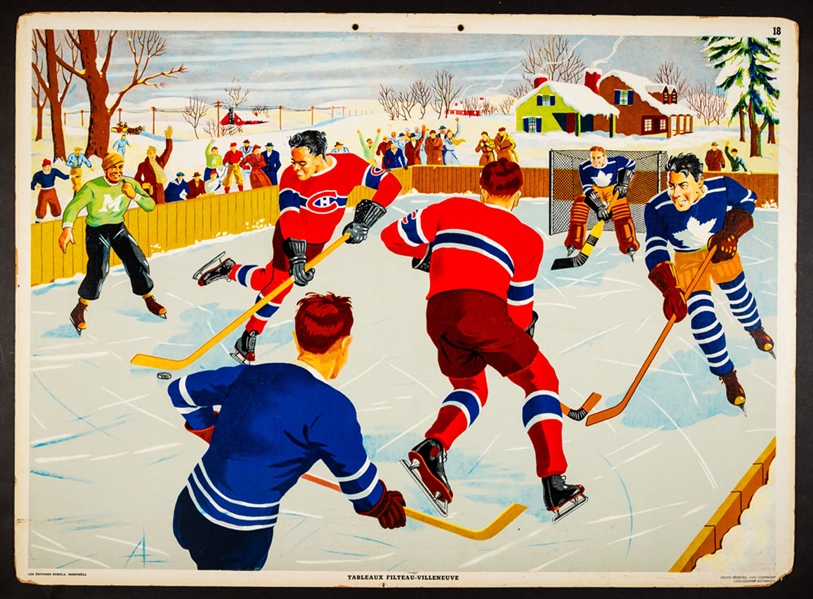 Vintage 1947 Montreal Canadiens and Toronto Maple Leafs Schola Lithograph on Board (27" x 37") 