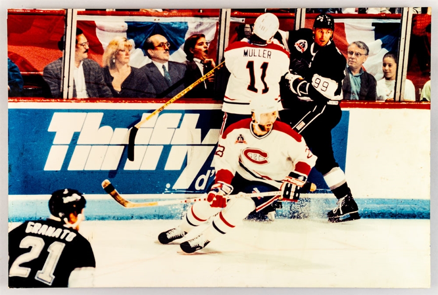 Montreal Canadiens 1993 Stanley Cup Finals Photo Display featuring Wayne Gretzky, Eric Desjardins, and Kirk Muller from the Montreal Canadiens Archives (23 7/8” x 35 7/8”)