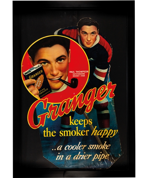 Vintage 1930s Paul Thompson (NY Rangers - Chicago Black Hawks) Granger Pipe Tobacco Framed Advertising Display (27" x 39")