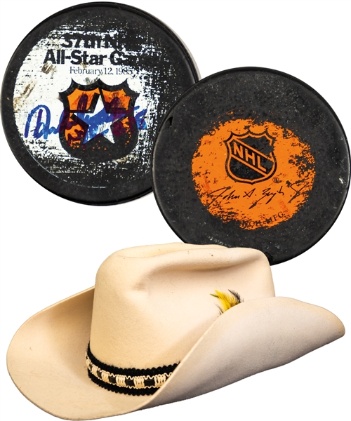 Anders Hedbergs 1985 NHL All-Star Game Signed Goal Puck (Assisted  by Mario Lemieux) and Event-Worn Cowboy Hat with His Signed LOA