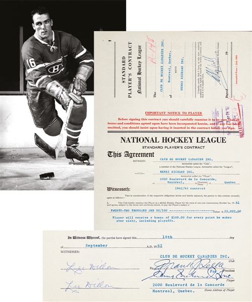 Henri Richards 1962-63 Montreal Canadiens Official NHL Contract with His Signed LOA - Signed by Deceased HOFers Richard, Selke and Campbell!