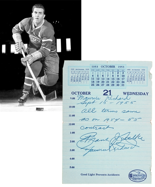 Maurice Richards 1955-56 Montreal Canadiens Contract with Family LOA - Signed by Deceased HOFers Richard and Selke!